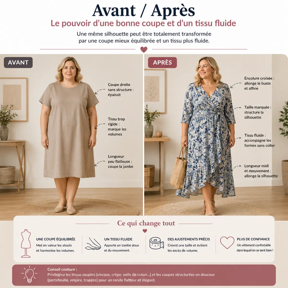Avant après couture flatteuse grande taille avec coupe adaptée