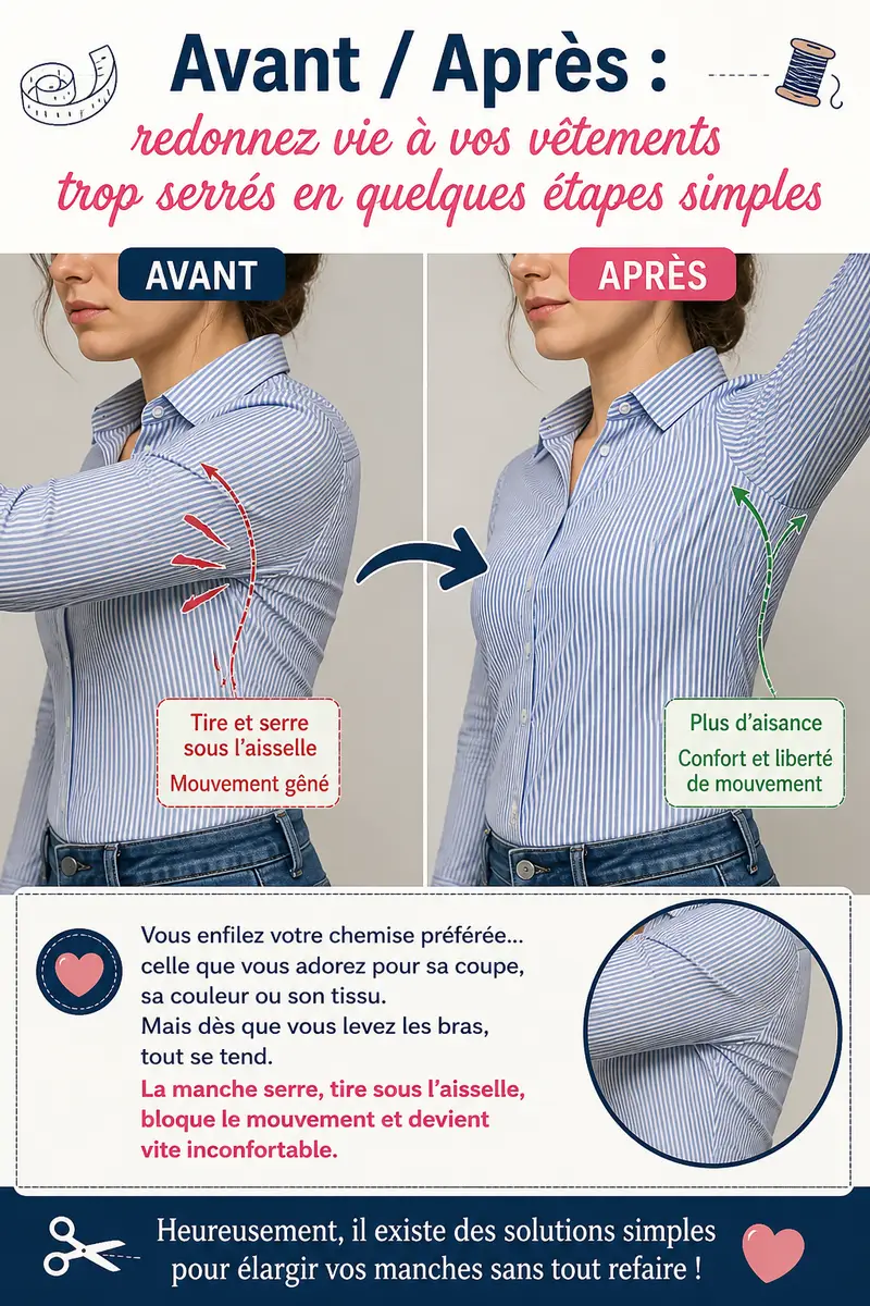 Avant après couture montrant comment élargir des manches trop serrées pour gagner en aisance sous l’aisselle et retrouver du confort