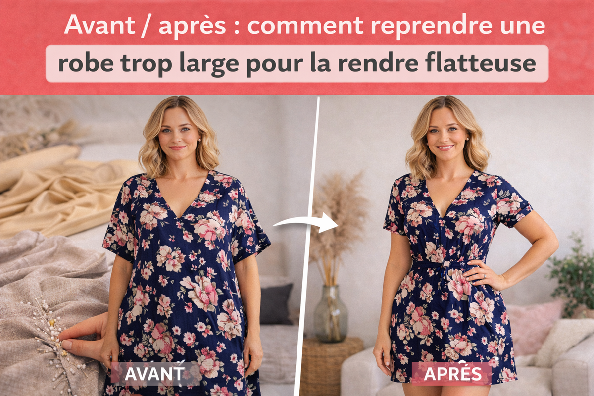 Image hero avant après montrant une robe trop large retouchée à la taille pour obtenir une coupe plus flatteuse et une silhouette mieux structurée