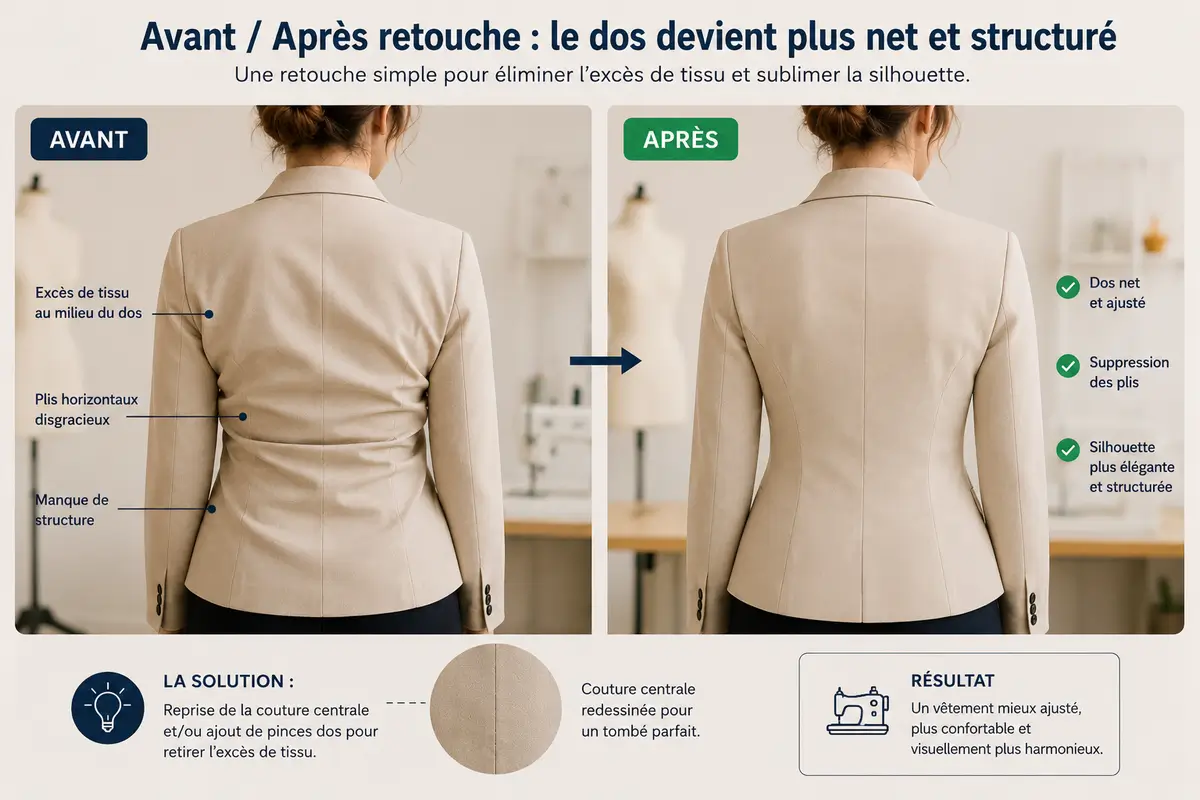 Blazer avant après retouche avec moins de plis dans le dos et une silhouette plus nette