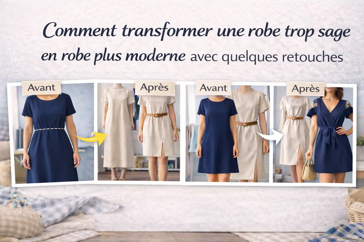image hero horizontale avant après pour transformer une robe trop sage en robe plus moderne avec quelques retouches couture