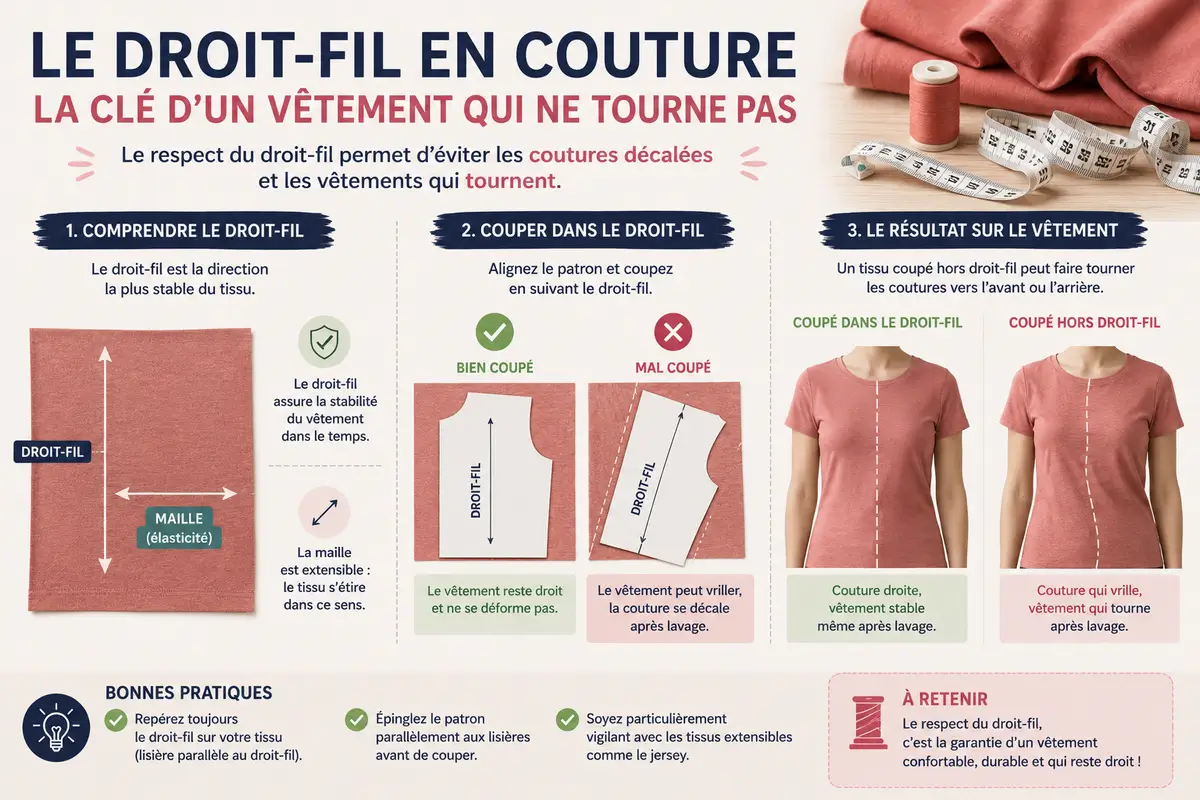Schéma explicatif du droit-fil sur tissu jersey montrant comment couper le tissu pour éviter les coutures décalées et les vêtements qui tournent.