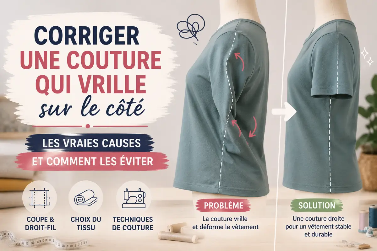 Schéma explicatif du droit-fil sur tissu jersey montrant comment couper le tissu pour éviter les coutures décalées et les vêtements qui tournent.