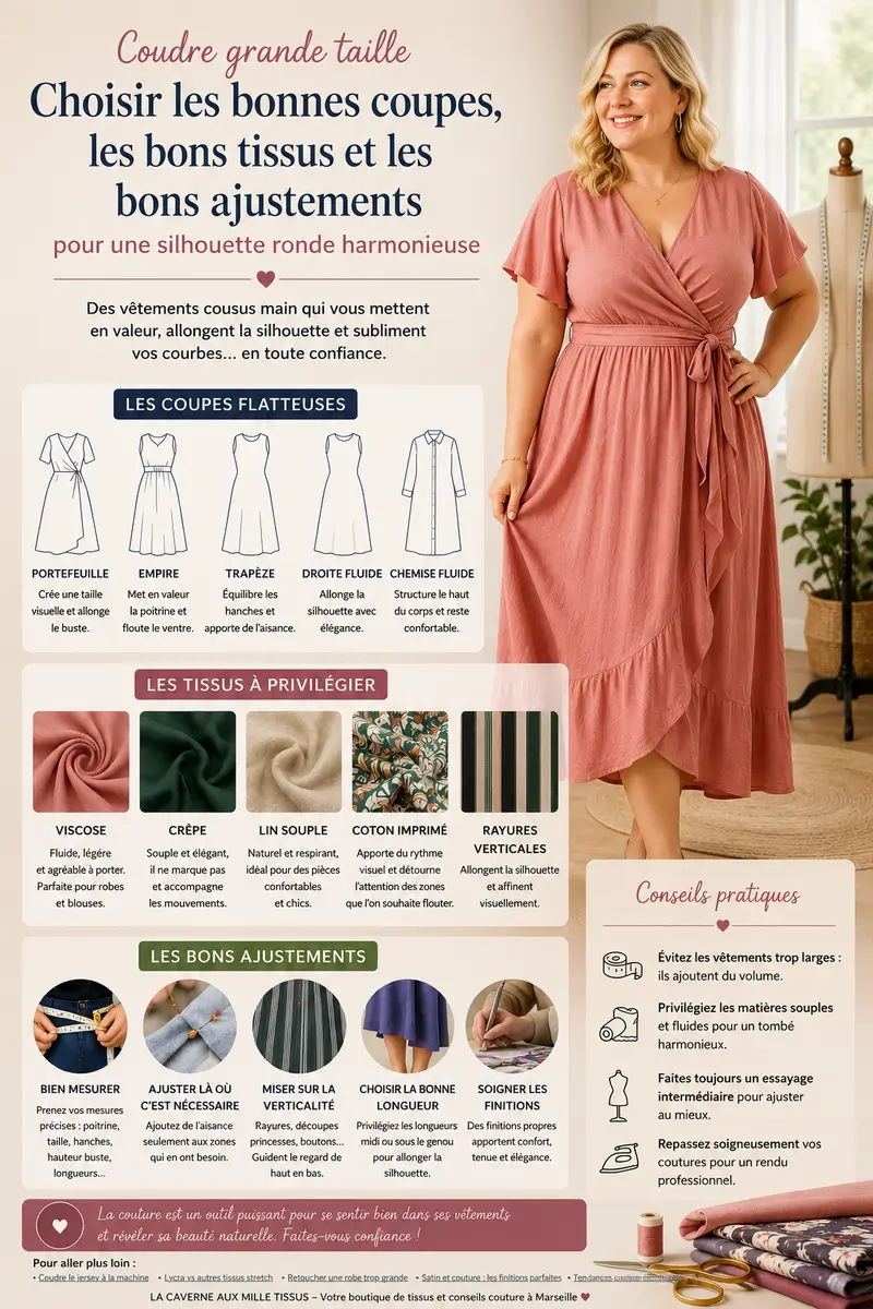 Coudre pour morphologie ronde avec robe flatteuse et tissus fluides adaptés grande taille