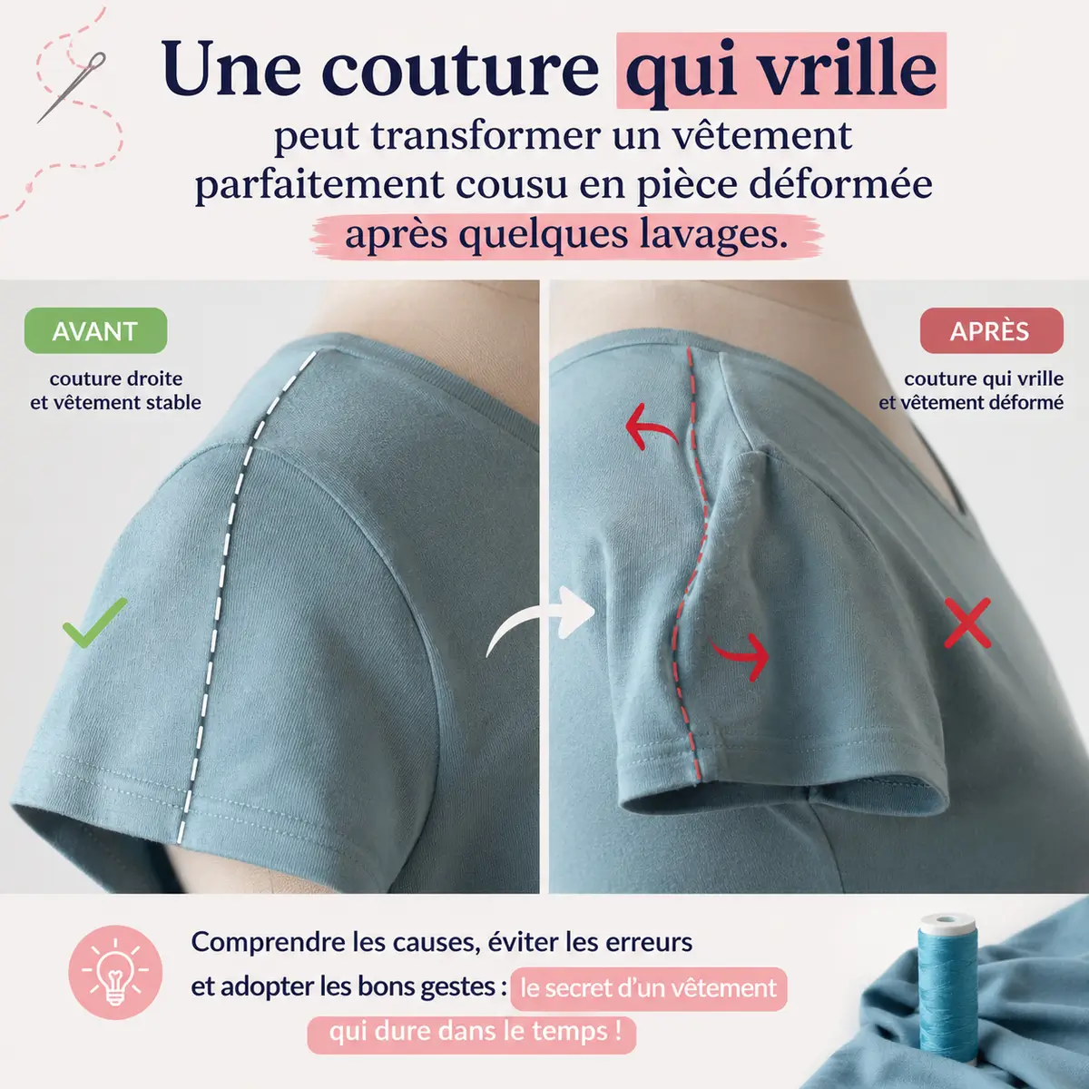 couture t-shirt qui tourne sur le côté après lavage problème droit-fil jersey
