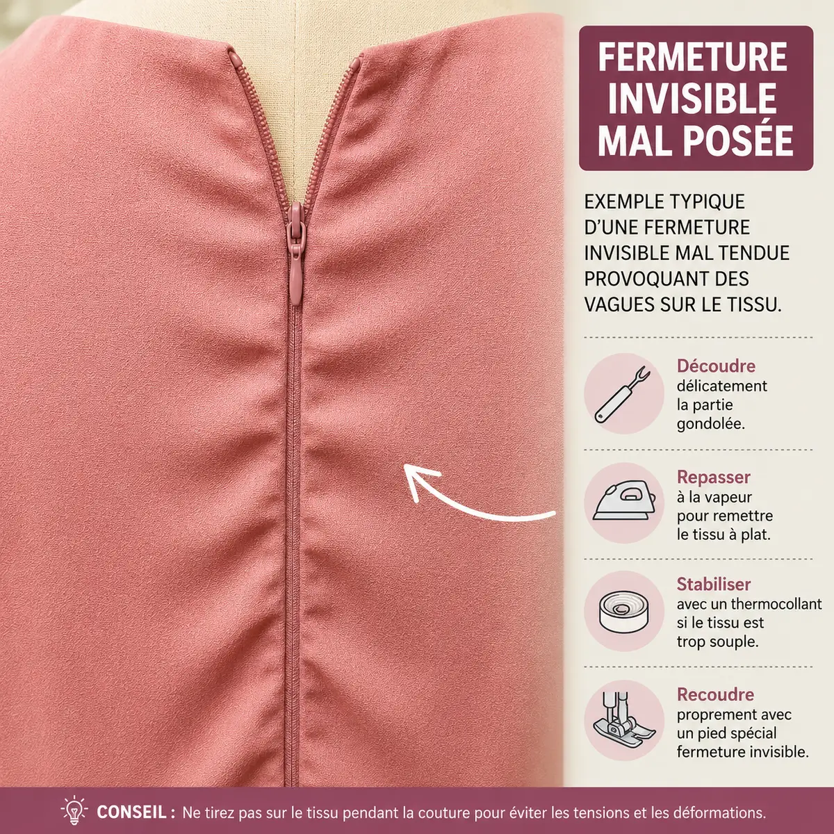 Zoom sur une fermeture invisible gondolée mal cousue