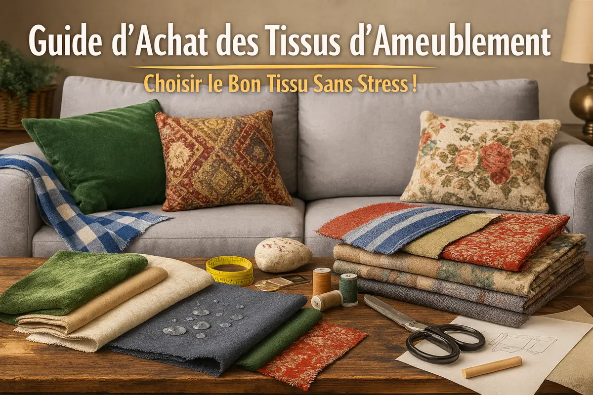 Exemple de tissus d’ameublement pour débutants : velours, jacquard et coton épais disposés sur un canapé DIY, avec accessoires de couture