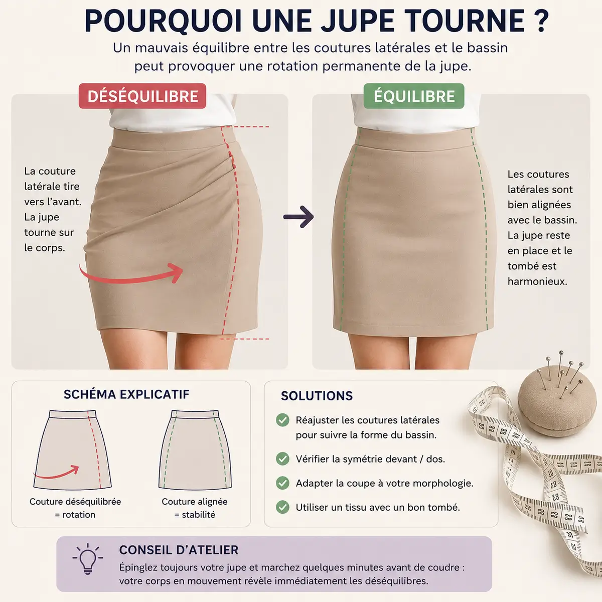 Schéma explicatif d'une jupe mal équilibrée qui tourne sur le bassin