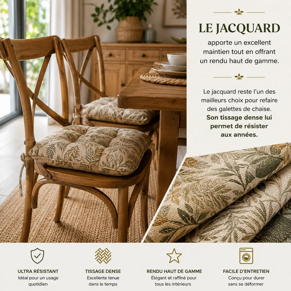 Tissu jacquard résistant pour refaire des coussins de chaise et galettes d’assise élégantes