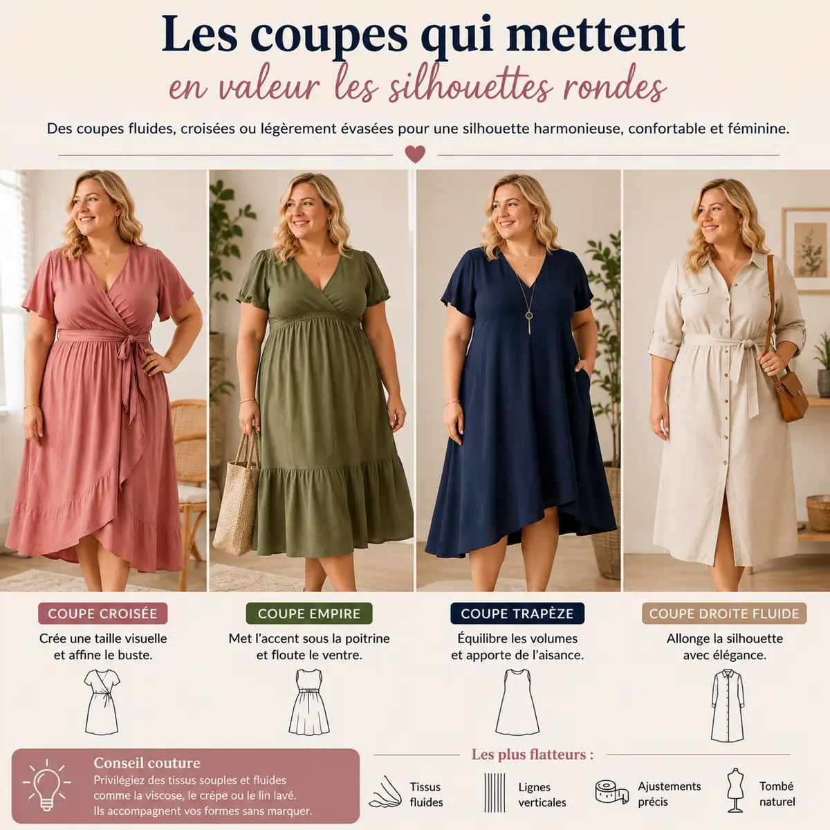Différentes coupes de robes flatteuses pour morphologie ronde en couture