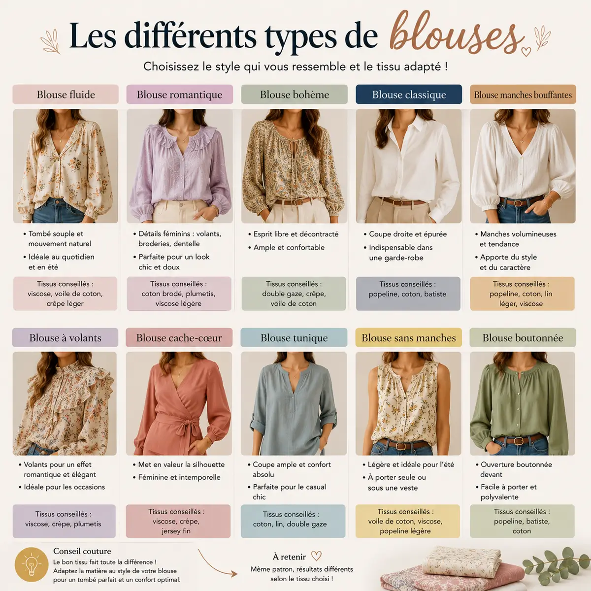 Les différents types de blouses femme et les tissus adaptés