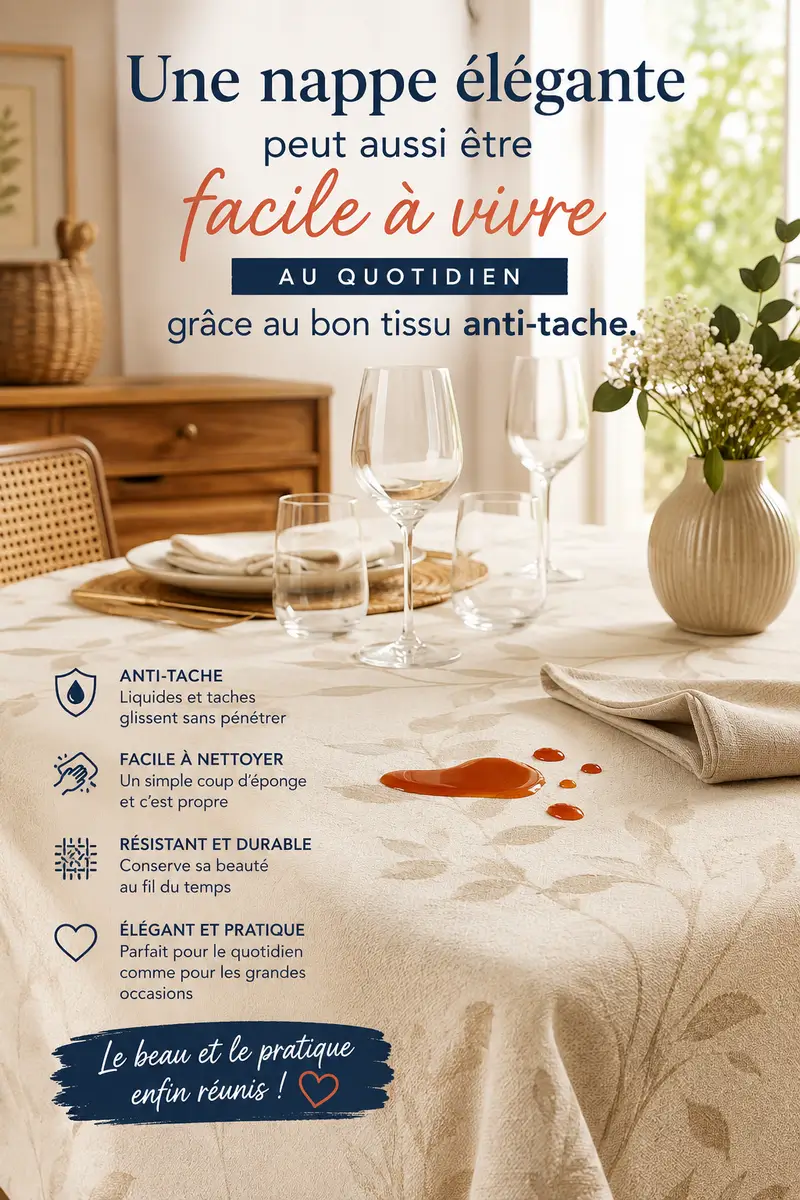 Tissu anti-tache pour nappe élégante et pratique sur grande table familiale