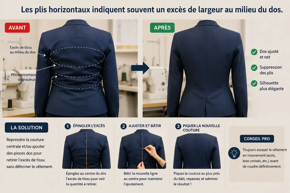 Plis horizontaux dans le dos d’une veste montrant un excès de largeur aux épaules et au milieu du dos