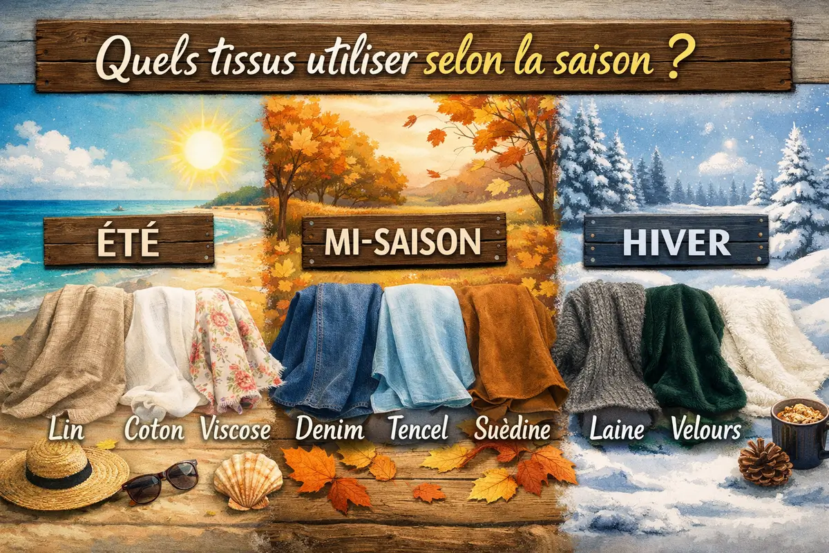 Tissus adaptés aux saisons : lin et coton pour l’été, jersey et denim pour la mi-saison, laine et velours pour l’hiver