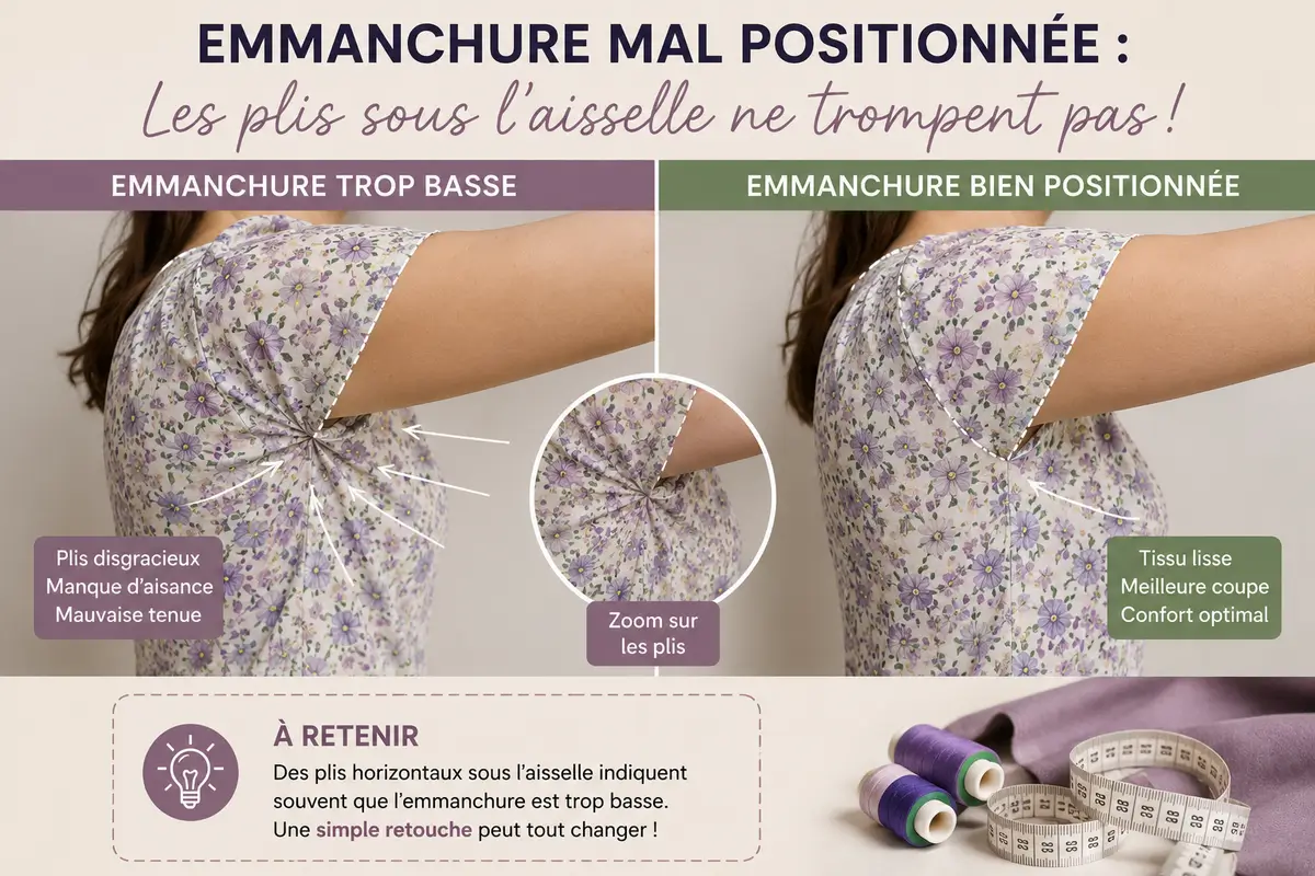 Zoom couture sur une emmanchure trop basse avec plis sous le bras