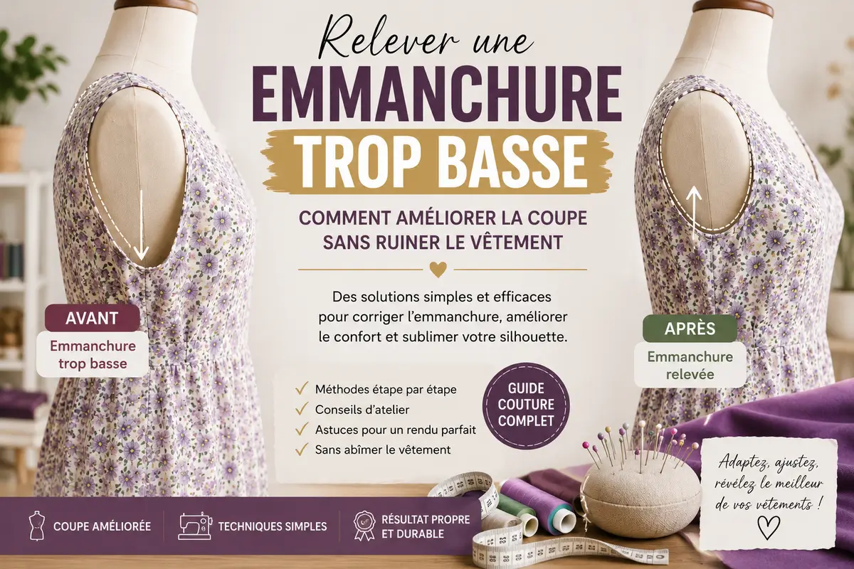 Relever une emmanchure trop basse sur une robe ou une chemise : retouche couture avant après pour améliorer la coupe