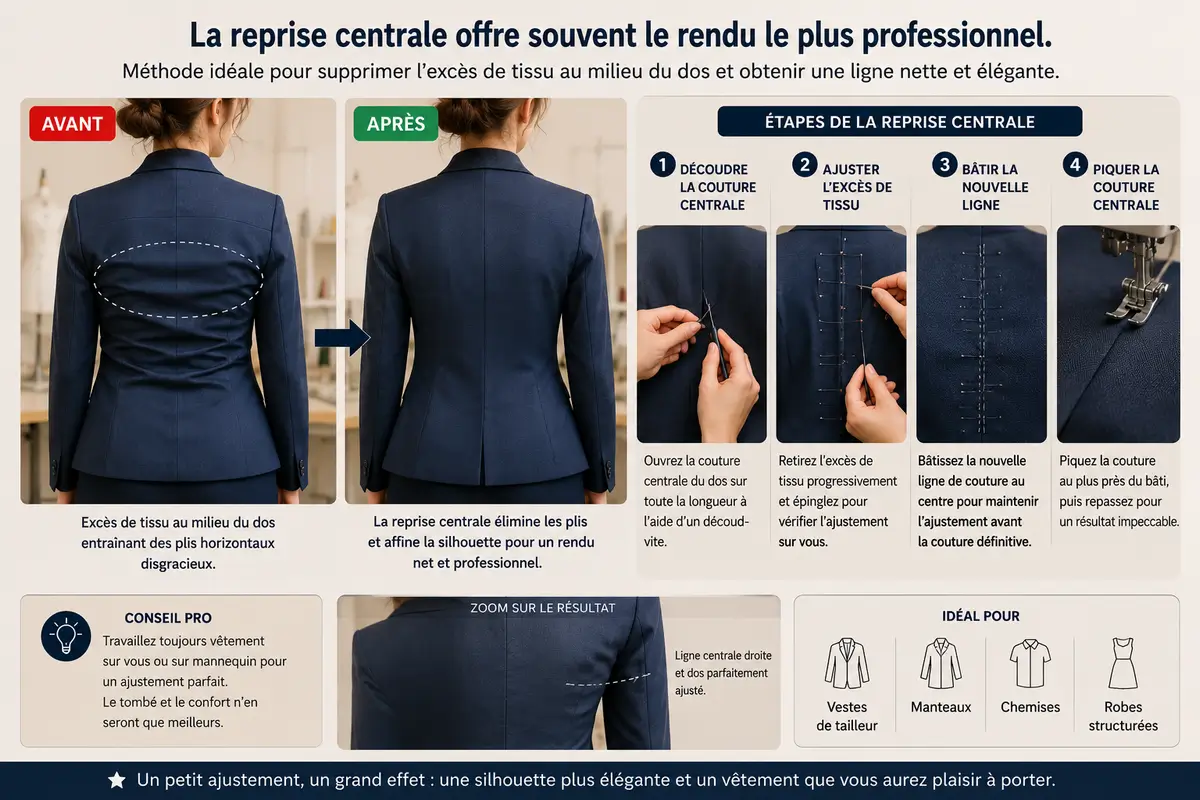 Reprise de la couture centrale dans le dos d’un blazer pour supprimer les plis et affiner le tombé