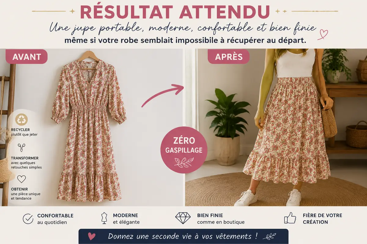 Avant après d’une robe fleurie transformée en jupe moderne confortable et bien finie avec effet zéro gaspillage
