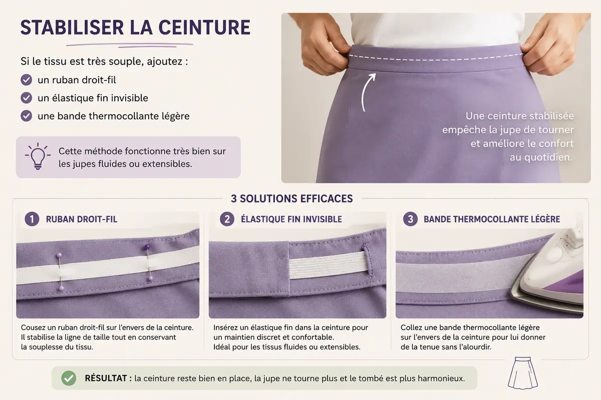 Stabiliser la ceinture d’une jupe avec un ruban droit-fil, un élastique fin invisible ou une bande thermocollante légère