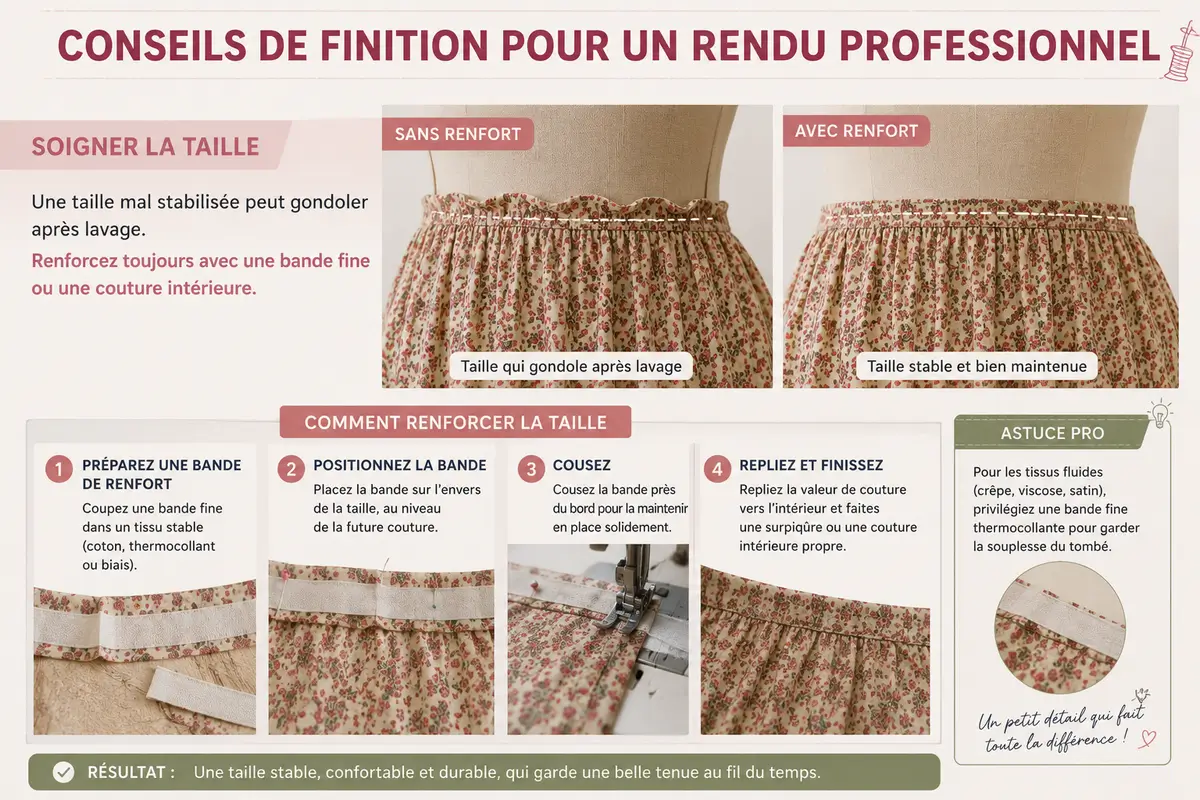 Conseils couture pour renforcer la taille d’une jupe avec une bande fine et une couture intérieure afin d’éviter les gondoles après lavage