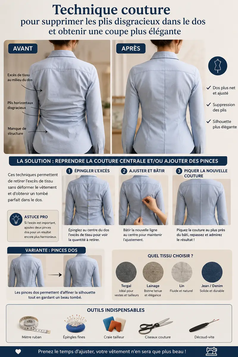 Blazer avec excès de tissu dans le dos avant retouche puis tombé ajusté après reprise couture