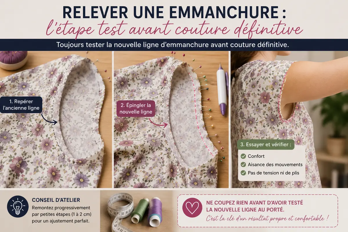 Étapes couture pour relever une emmanchure trop basse avec épingles et craie textile