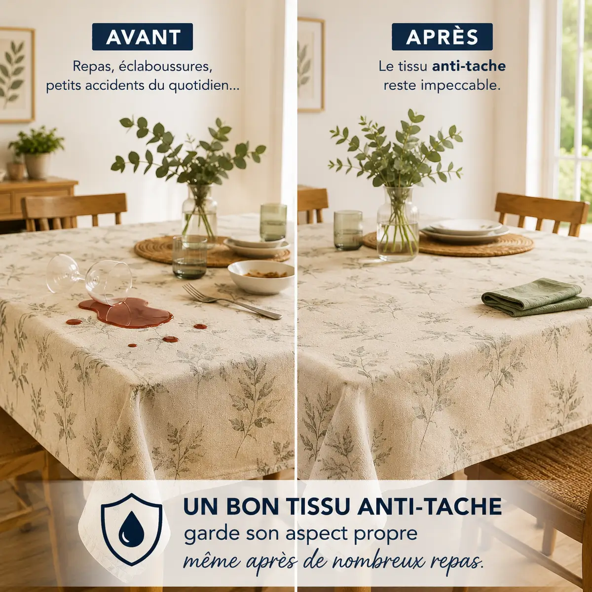 Avant après utilisation d'un tissu anti-tache pour nappe extérieure