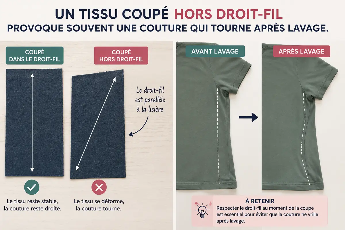 comparaison tissu jersey bien coupé et tissu mal coupé couture