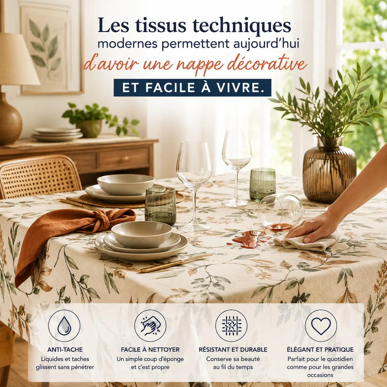Nappe en tissu anti-tache terracotta élégante pour repas quotidien