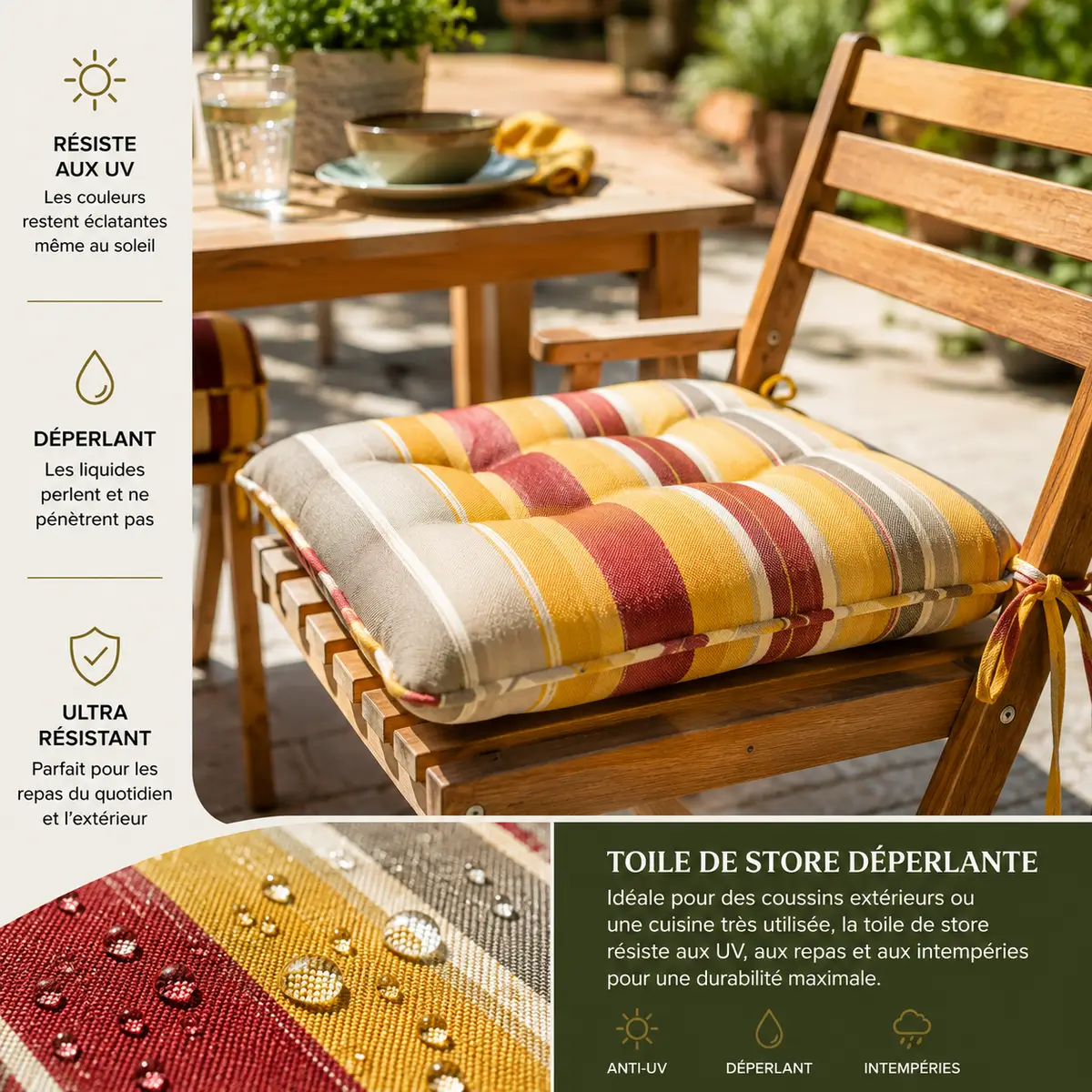 Toile déperlante résistante pour coussins de chaise extérieure, terrasse et cuisine