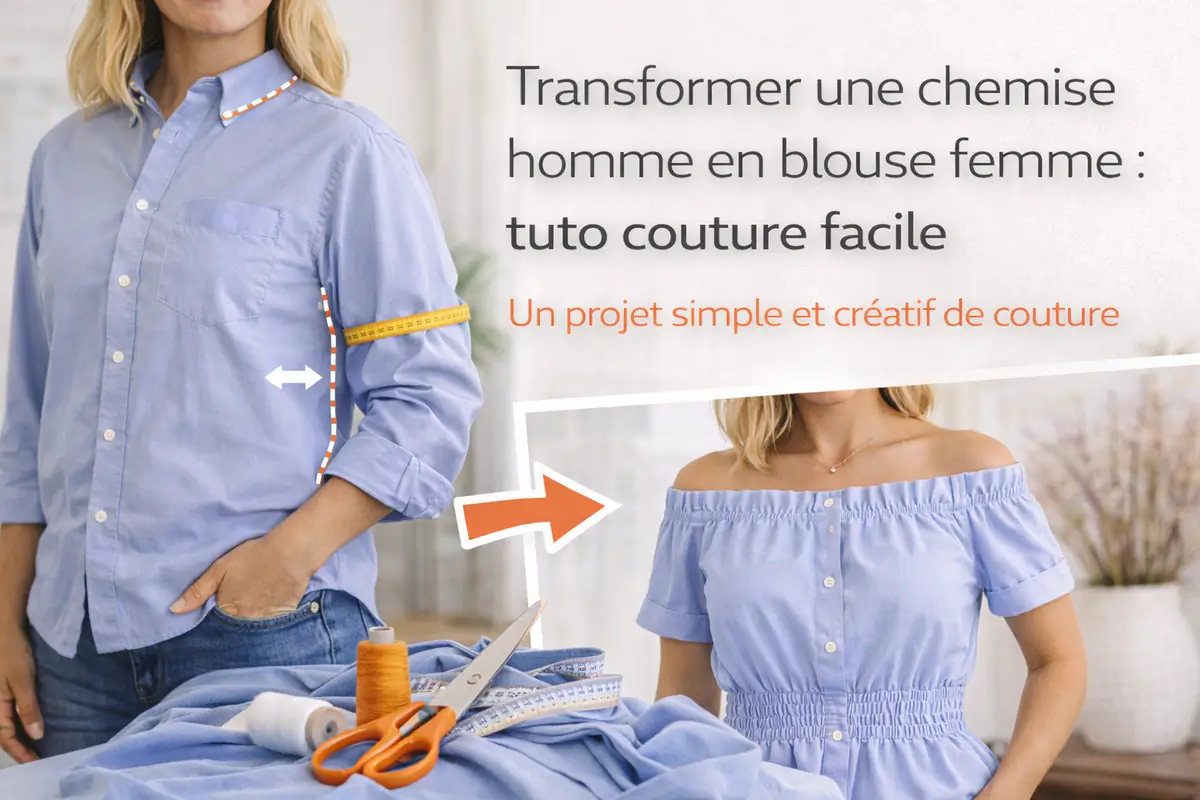 Image hero montrant la transformation d’une chemise homme en blouse femme avec étapes de couture et résultat final moderne et féminin