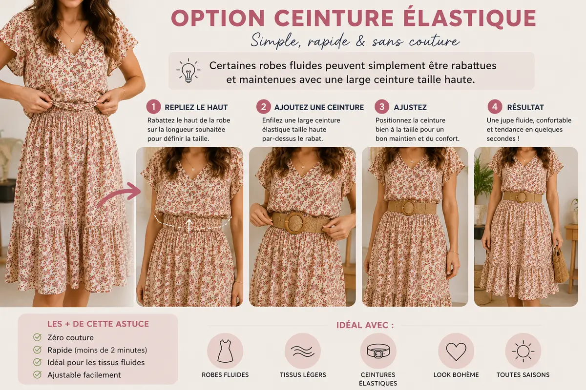 Robe fluide rabattue et maintenue avec une large ceinture élastique taille haute pour créer une jupe sans couture