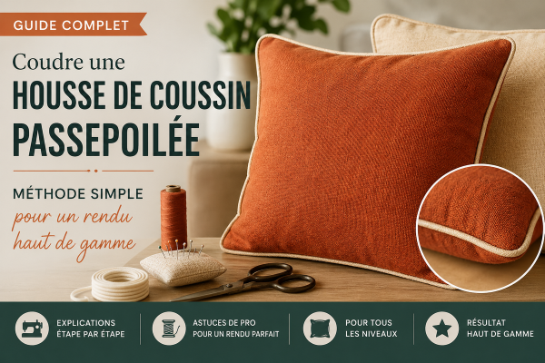 Housse de coussin passepoilée couleur terracotta avec passepoil beige, matériel de couture et ambiance décoration intérieure haut de gamme