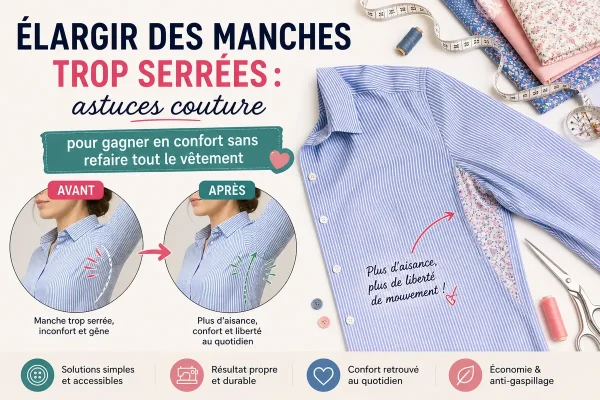 Image hero couture montrant une chemise avec manches trop serrées avant après retouche pour gagner en confort et en liberté de mouvement