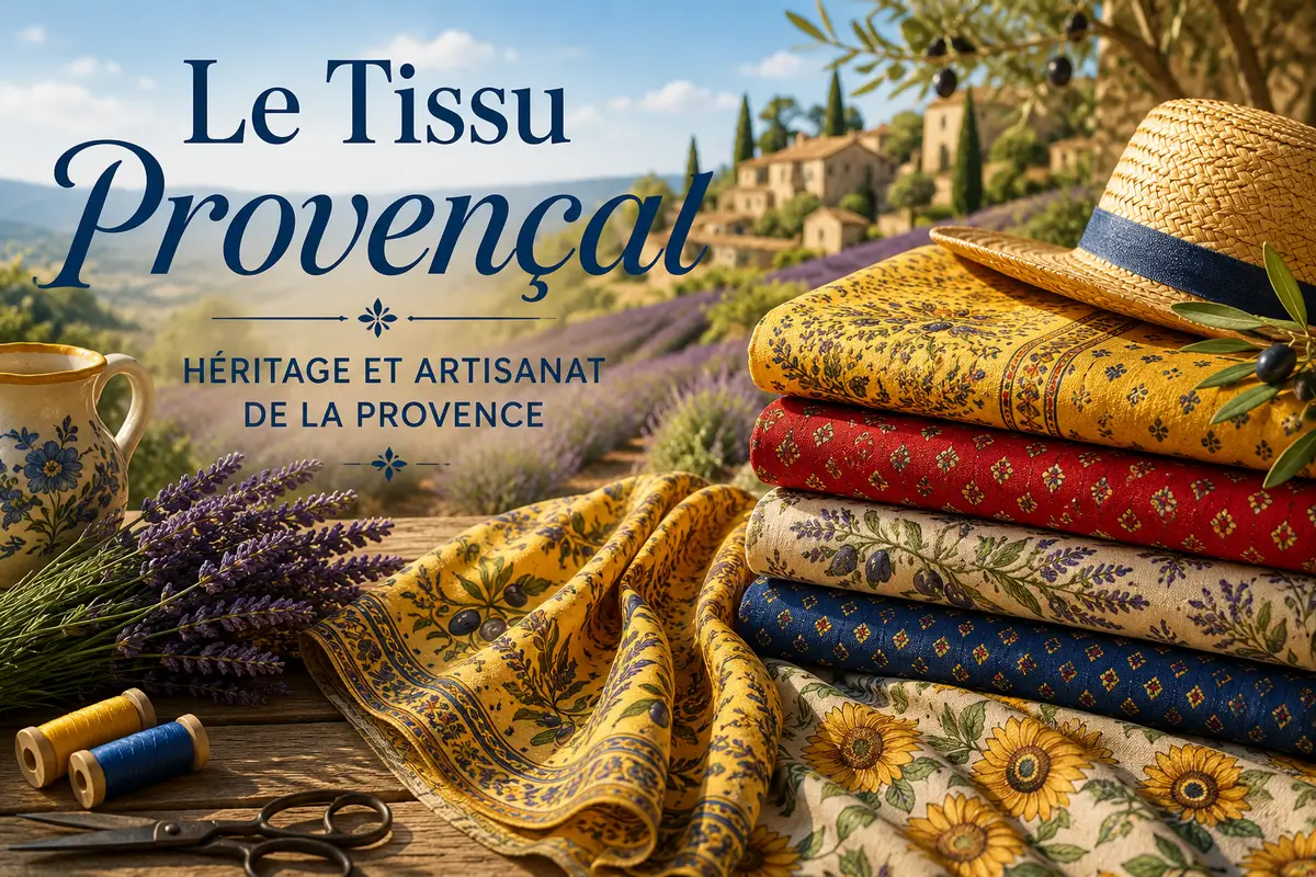 Tissu provençal coloré aux motifs lavande olives cigales et tournesols évoquant l’héritage artisanal de la Provence