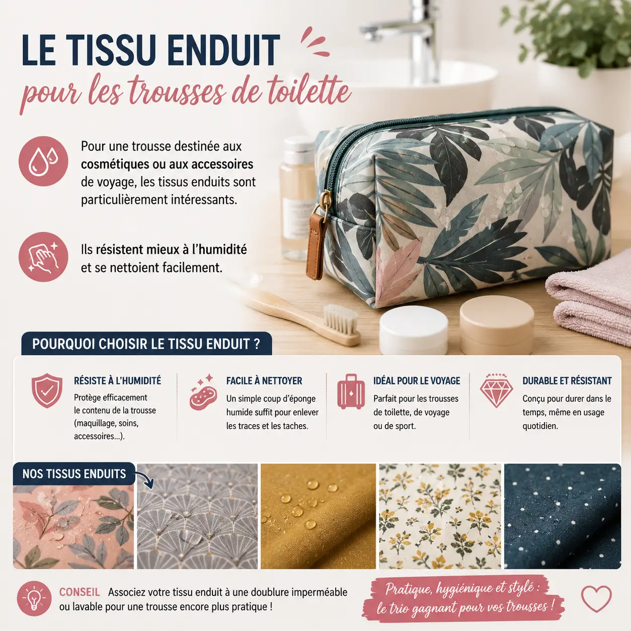 Infographie montrant une trousse de toilette en tissu enduit résistante à l’humidité et facile à nettoyer