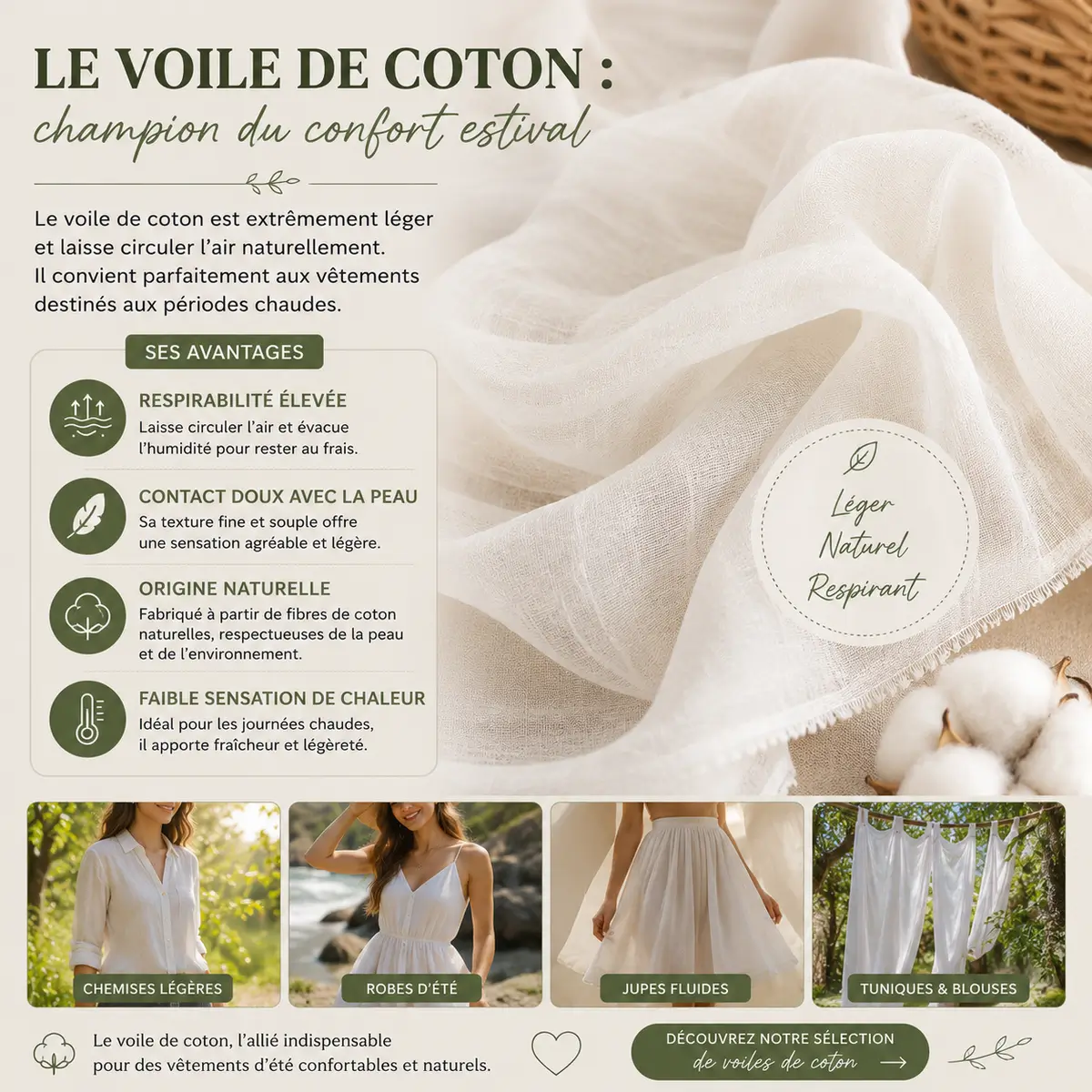 Infographie carrée présentant un voile de coton blanc léger et respirant pour doublure de vêtements d’été robes jupes fluides chemises et tuniques