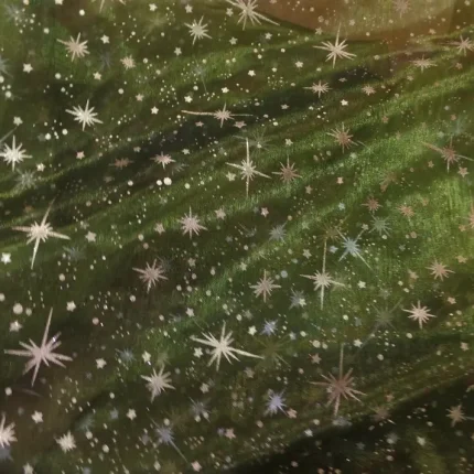 Organza Vert Bouteille Imprimé Étoile du Berger Dorée Métallisée
