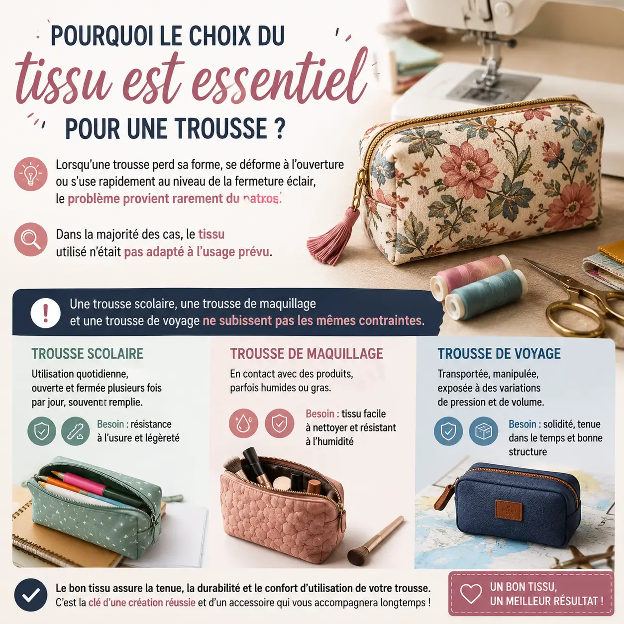 Infographie expliquant pourquoi le choix du tissu est essentiel pour coudre une trousse solide scolaire maquillage ou voyage