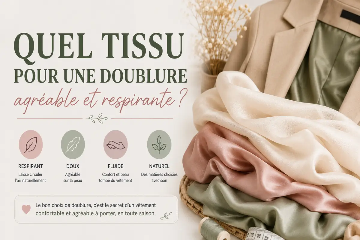 Bannière hero horizontale présentant des tissus de doublure respirants en viscose, voile de coton et satin pour choisir une doublure confortable, douce, fluide et naturelle