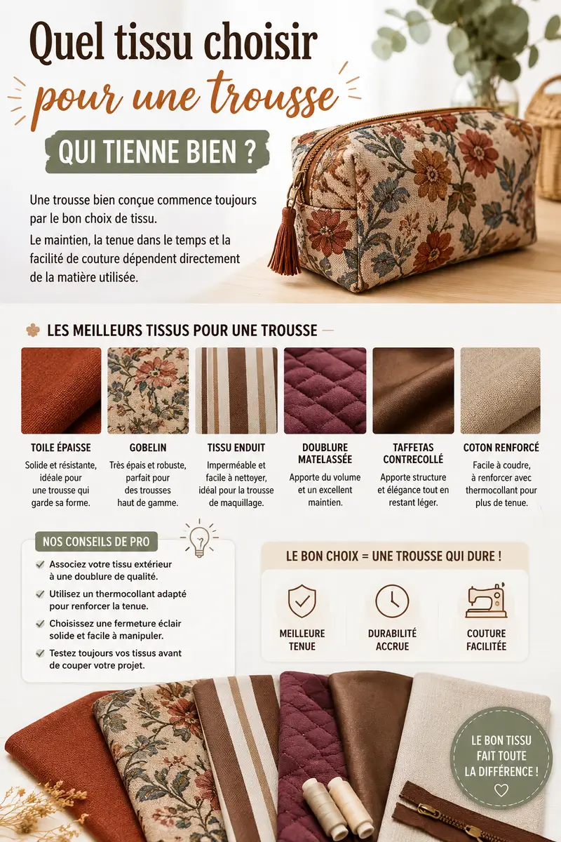Quel tissu choisir pour une trousse rigide et résistante en couture avec exemple de tissu gobelin épais