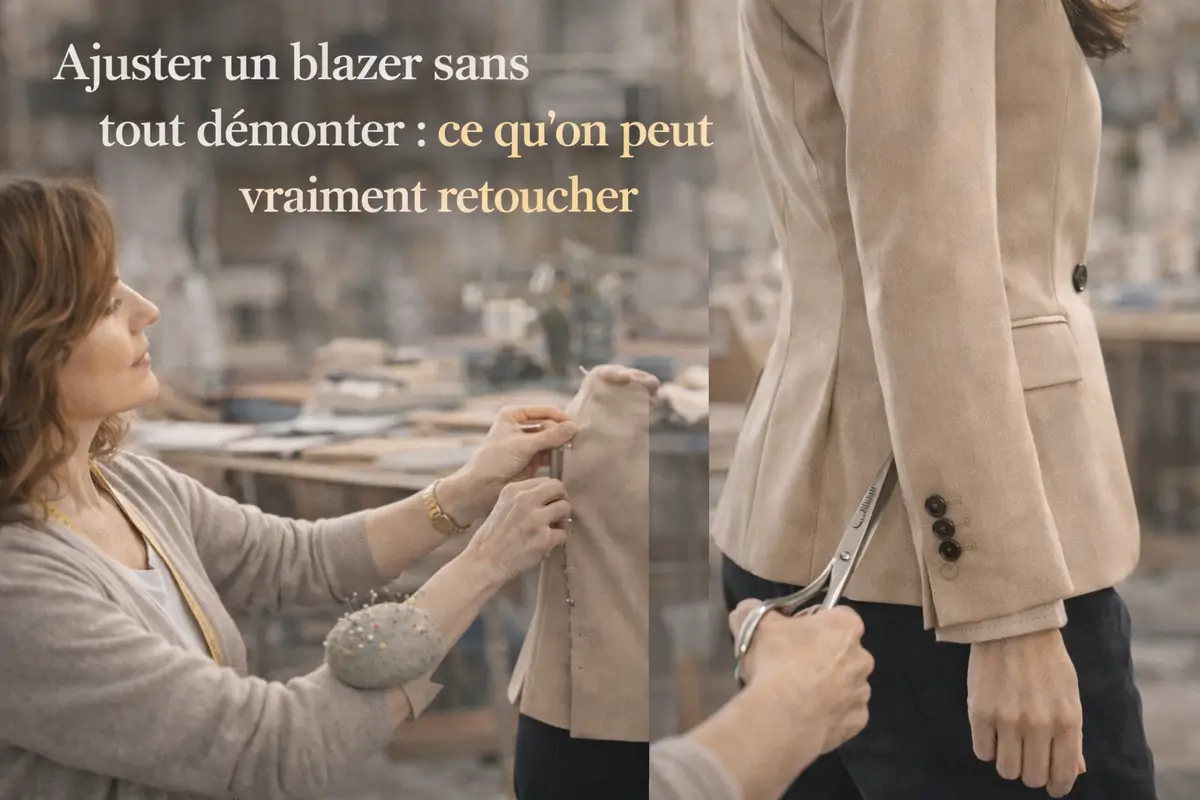 Image hero horizontale montrant une couturière en train d’ajuster un blazer beige, avec mise en avant des retouches possibles comme le cintrage et le raccourcissement des manches