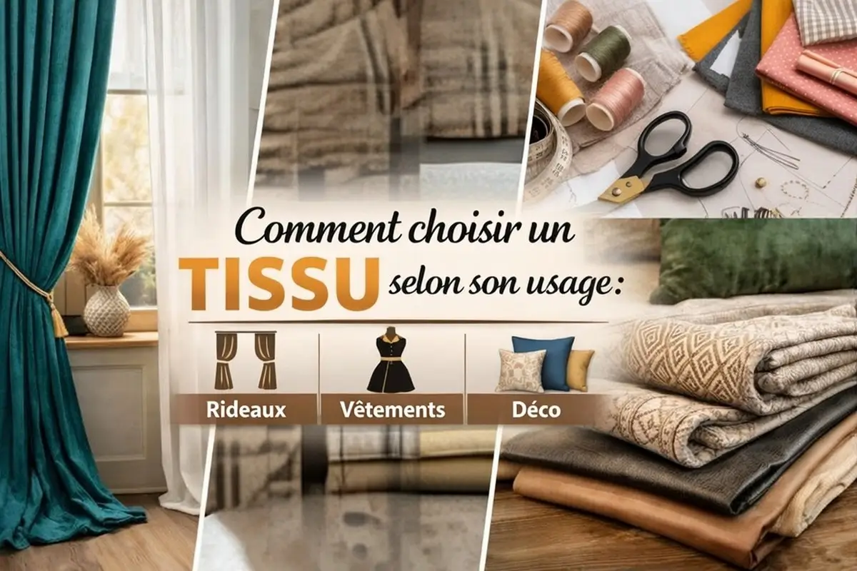 Illustration montrant différents tissus pour rideaux, vêtements et décoration intérieure afin d’expliquer comment choisir le bon textile selon son usage